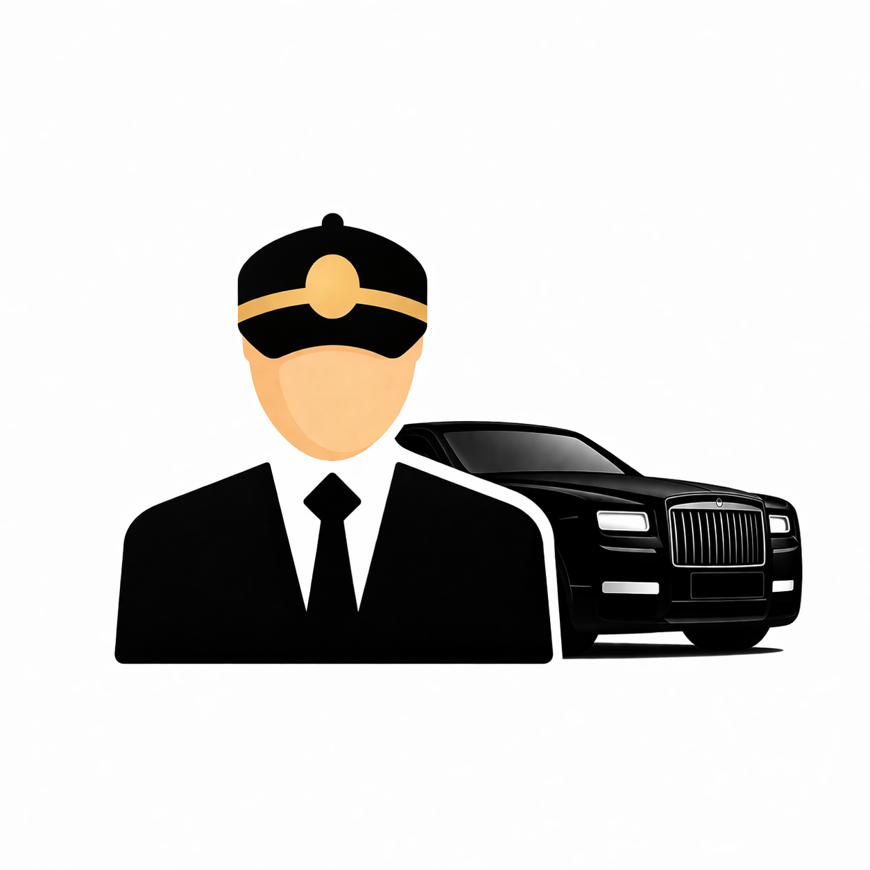 Chauffeur in suit with black luxury car logo for Chauffeur Hire UK service